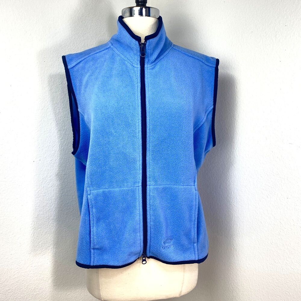 Oleg Cassini Lite Blue Fleece Vest XL Zip Front Black Piping Trim Pockets Collar